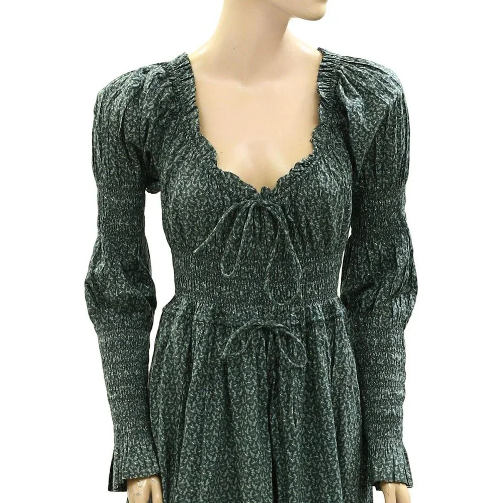 DOEN Kaira Midi Dress Printed Smocked Ruffle Evergreen Puff Sleeve S New - Picture 5 of 11
